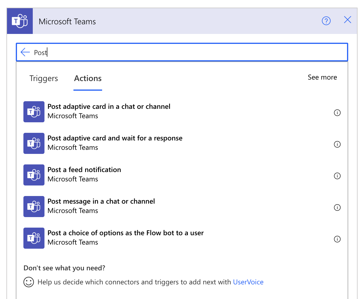 Post options of MS Teams Action