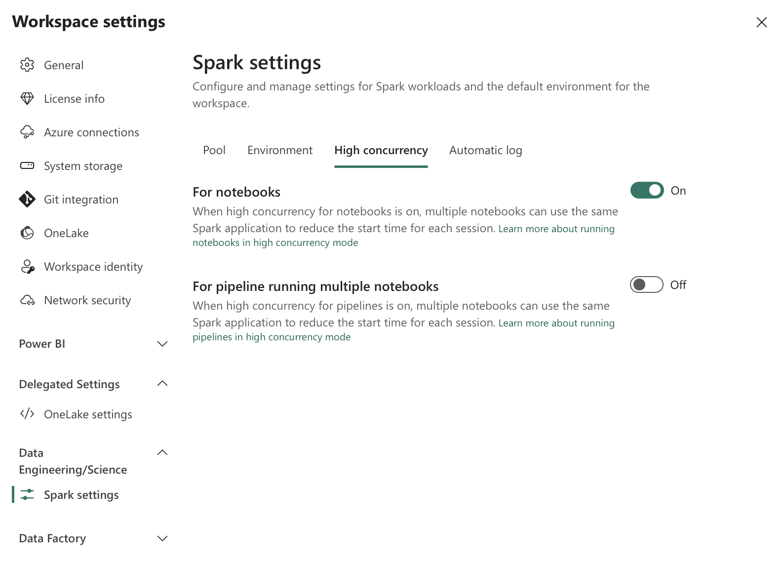 Workspace High Concurrency Settings